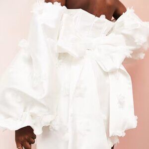 ASOS LUXE Wedding satin off shoulder mini dress w/hand embroidered flowers